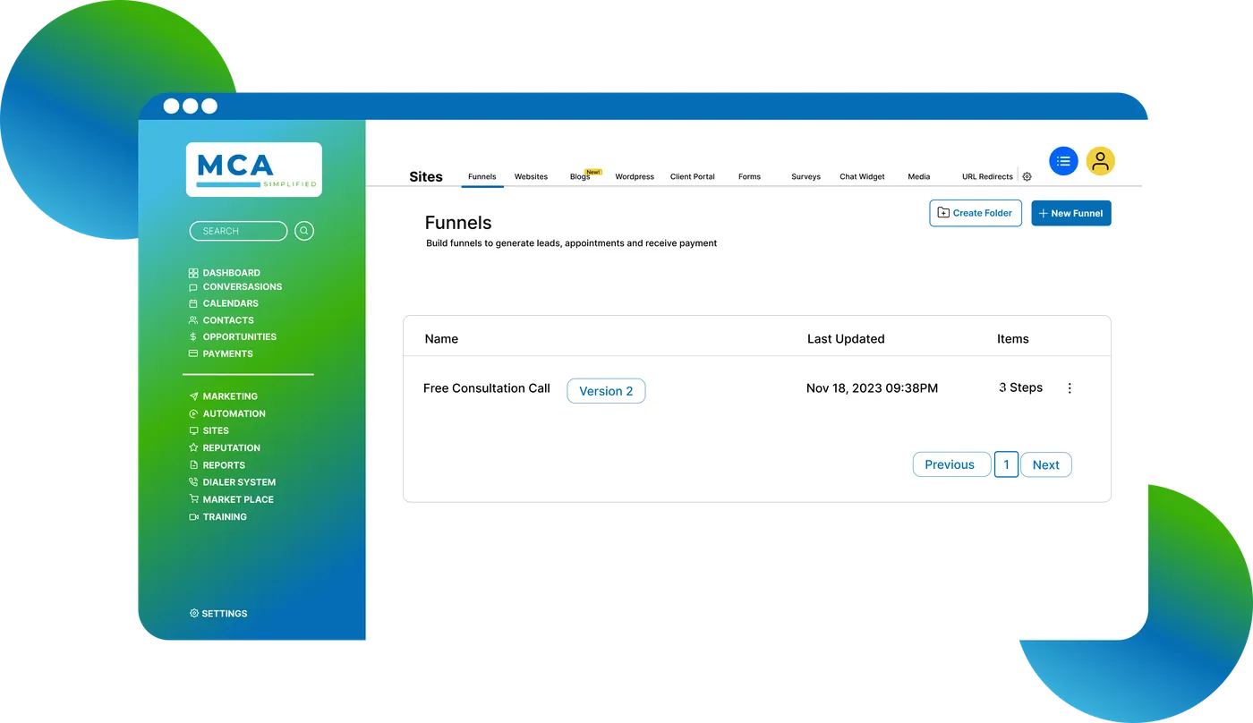 MCA Simplified funnels builder used to generate leads, appointments and payments