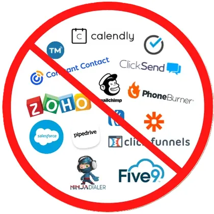 Separate CRM, dialer, email, SMS, scheduling and funnel tools crossed out — MCA Simplified replaces them